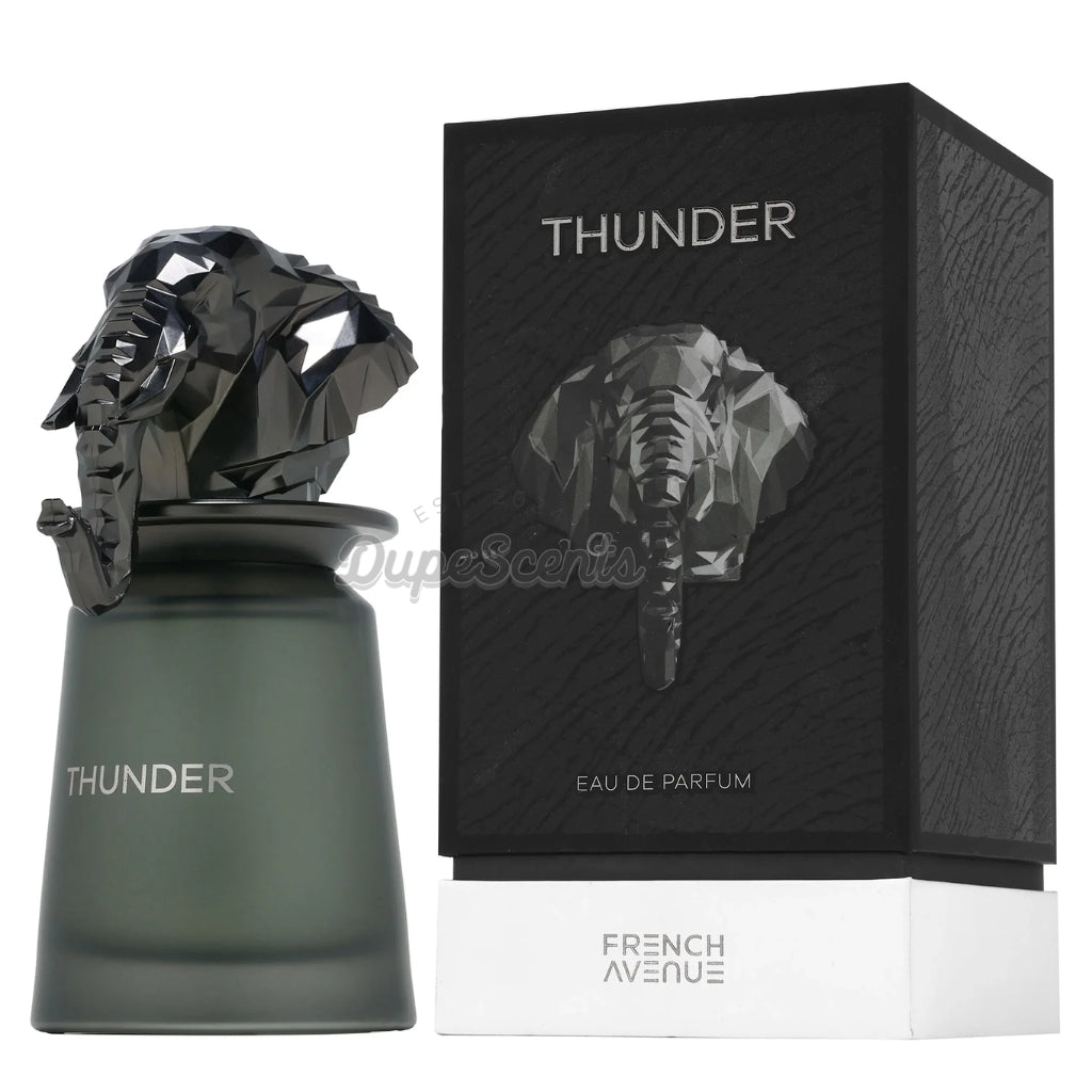 French Avenue Thunder herrparfym glasflaska med elefantkork och svart ask tolkning av Penhaligons Omniscient Mr Thompson