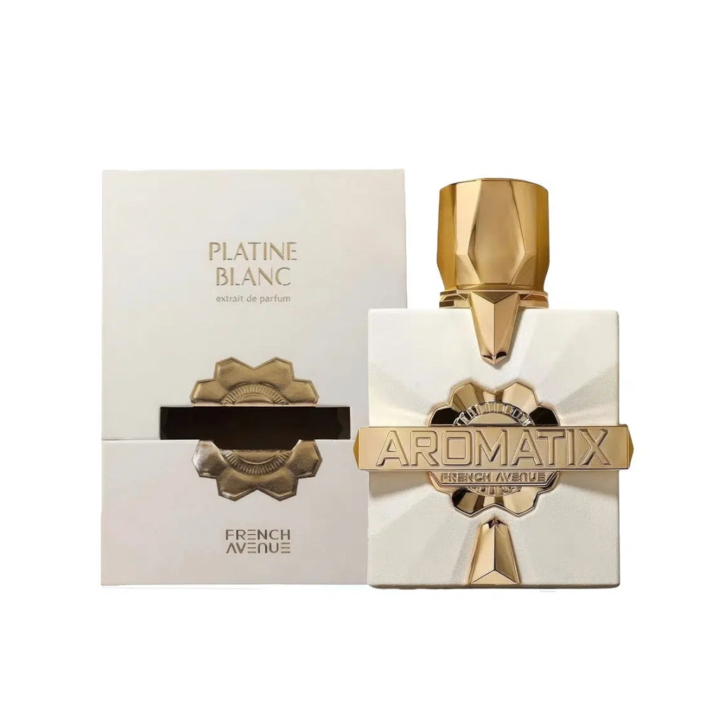 French Avenue Platine Blanc herrparfymflaska med elegant vit och guld design och förpackning