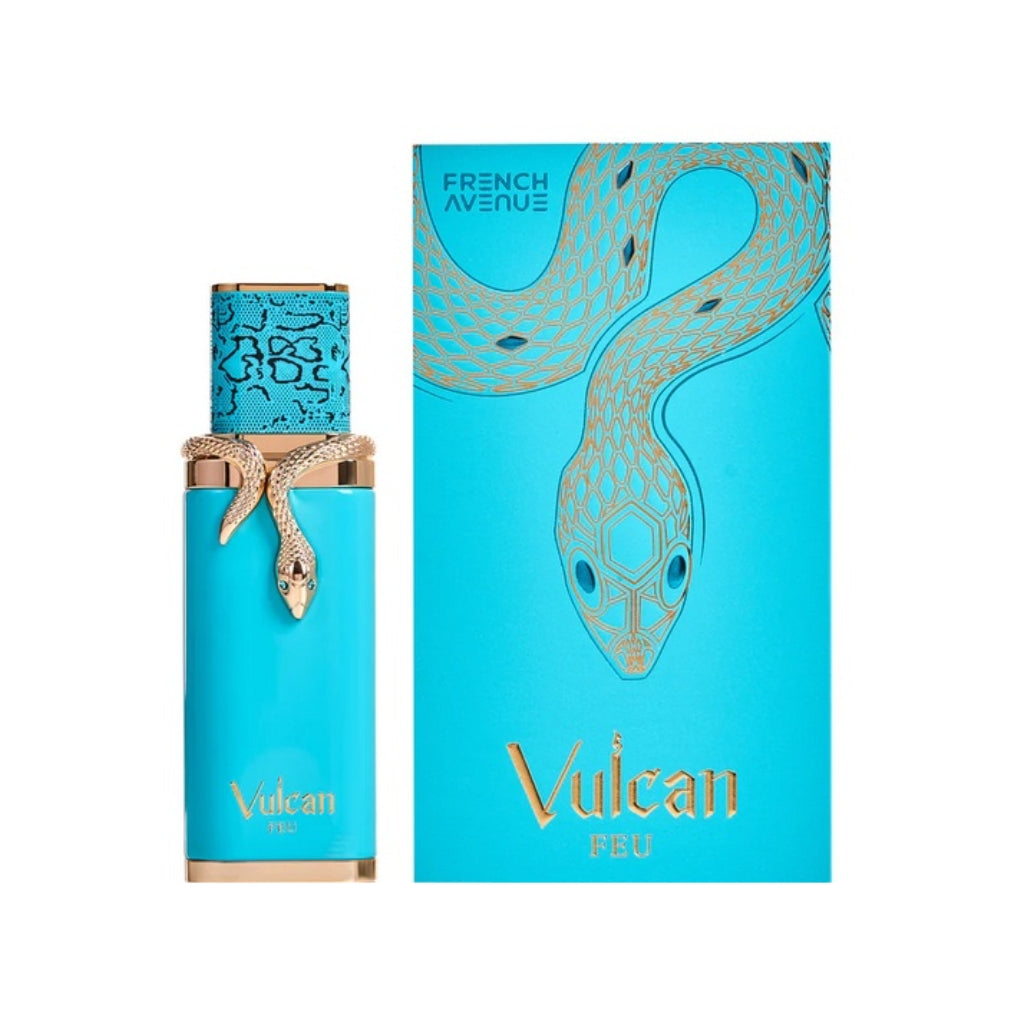 Herrparfym French Avenue Vulcan Fue med blå flaska och box med ormdesign från Tolkning av God Of Fire