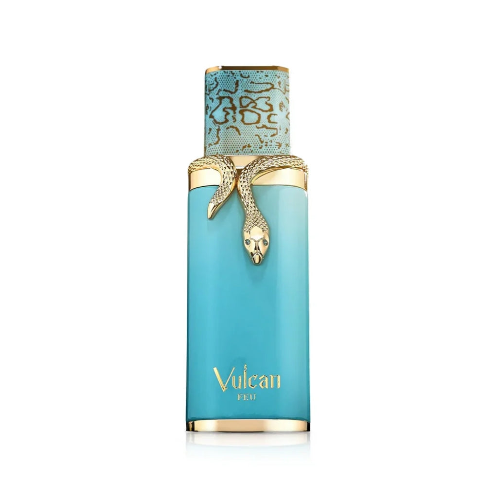 Herrparfym French Avenue Vulcan Fue i blå flaska med gulddetaljer och orminspirerad design
