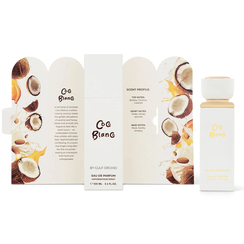 Damparfym Gulf Orchid Coco Blanco i elegant förpackning med doftnoter av kokos och blommor