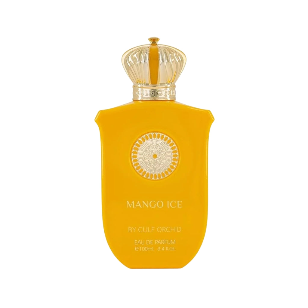 Herrparfym Mango Ice av Gulf Orchid i en gul flaska med kungs-krona design