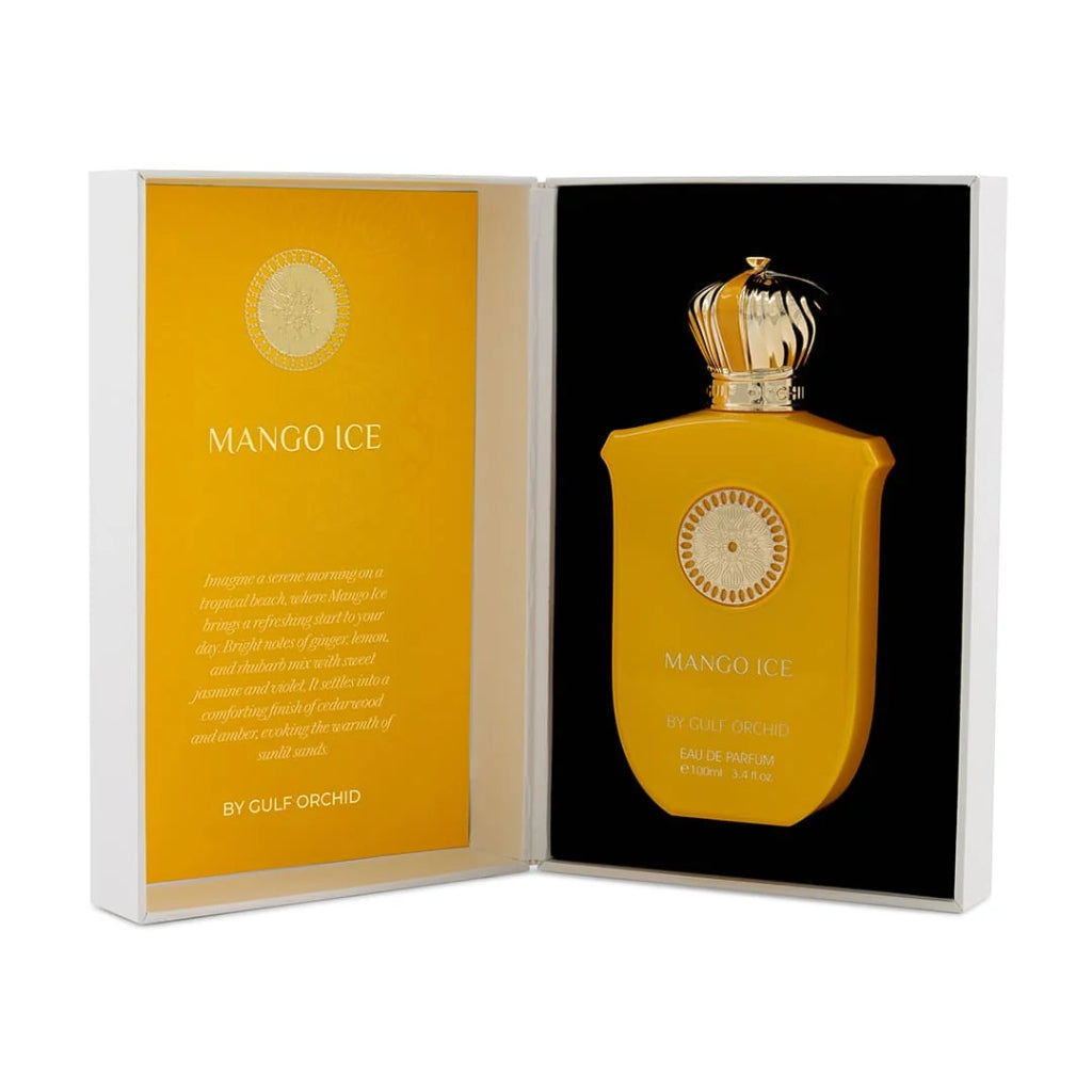 Gulf Orchid Mango Ice herrparfym i gult flaskdesign med elegant förpackning