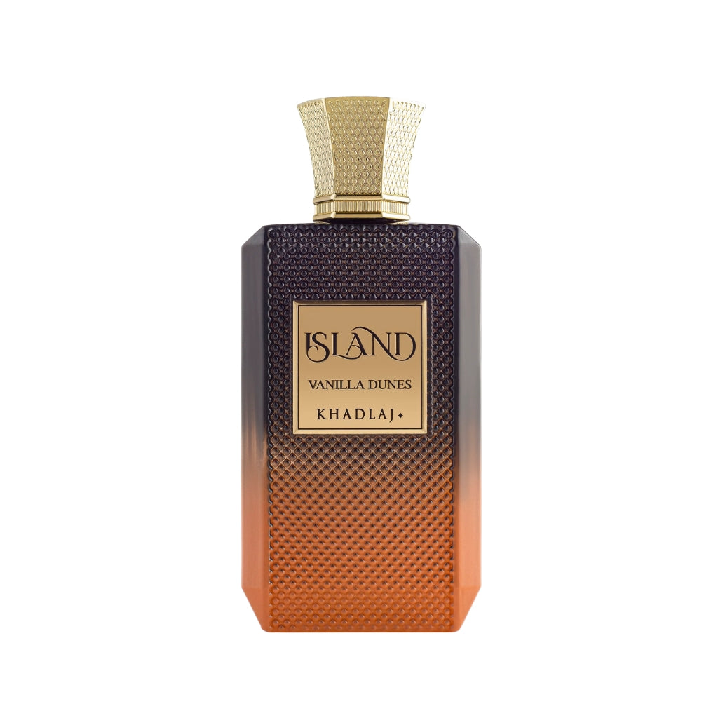 Herrparfym Khadlaj Vanilla Dunes i elegant orange och svart flaska med guldlock