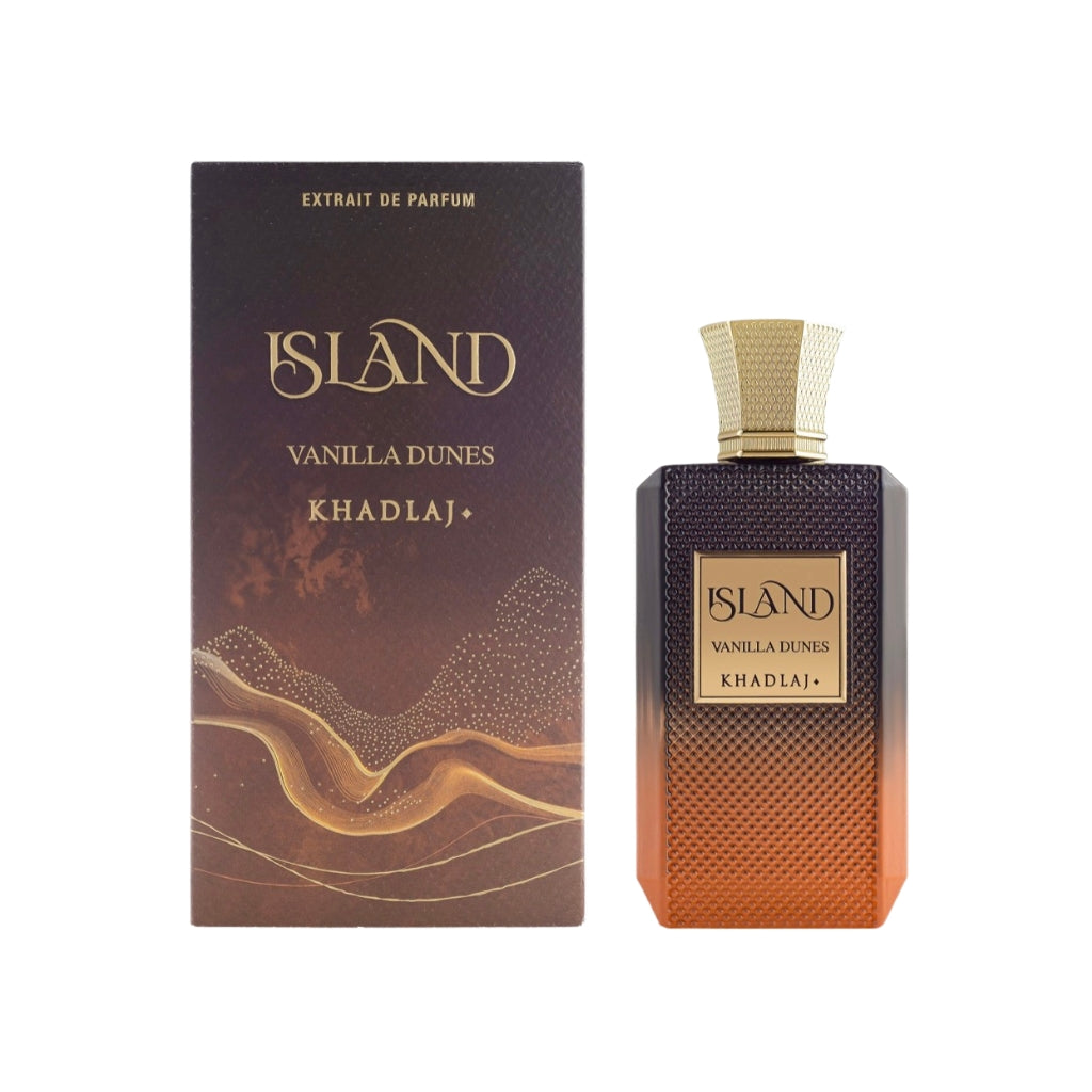Herrparfym Khadlaj Vanilla Dunes i elegant mörkbrun och orange flaska med matchande förpackning