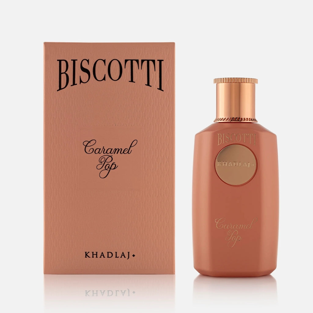 Khadlaj Biscotti Caramel Pop damparfym i en elegant flaska med förpackning för en söt doftupplevelse