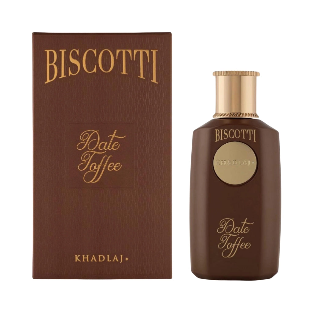 Khadlaj Biscotti Date Toffee damparfym med elegant flaska och förpackning i mörkbrunt