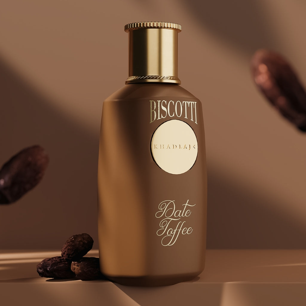 Damparfym Khadlaj Biscotti Date Toffee i eleganta förpackningar med en mjuk brun nyans
