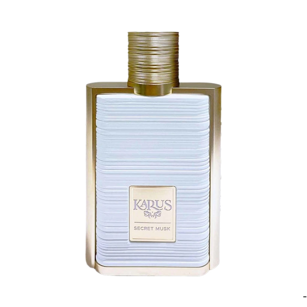 Unisex parfymflaska Khadlaj Karus Secret Musk med vit och guld design från Tolkning av Arabians Tonka