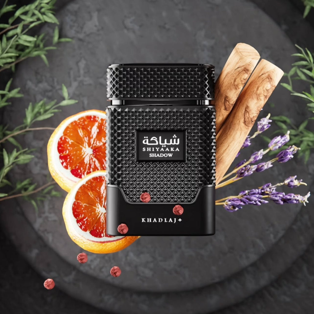 Khadlaj Shiyaaka Shadow herrparfym med inslag av citrus, lavendel och cederträ i elegant flaska