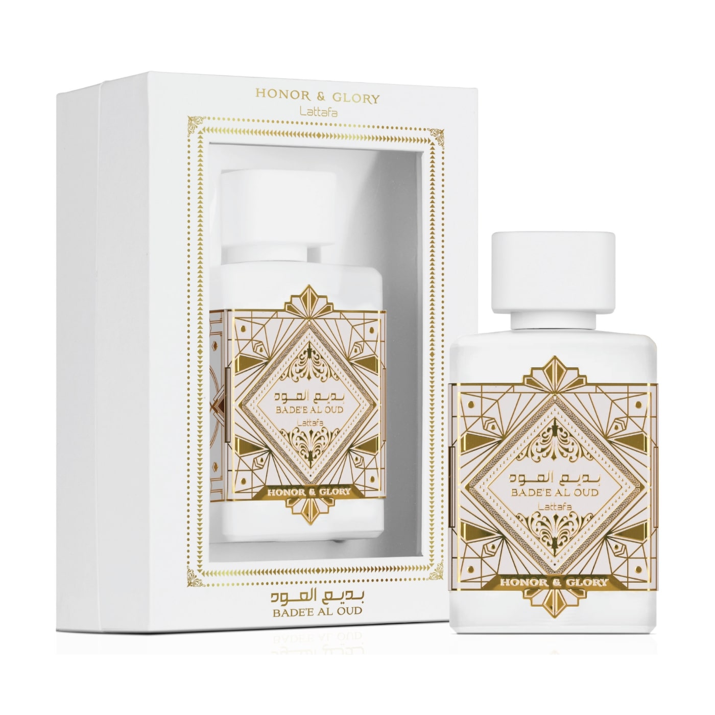 Lataffa Creation Badee Al Oud Honor and Glory parfymflaska med eleganta detaljer i vit och guld