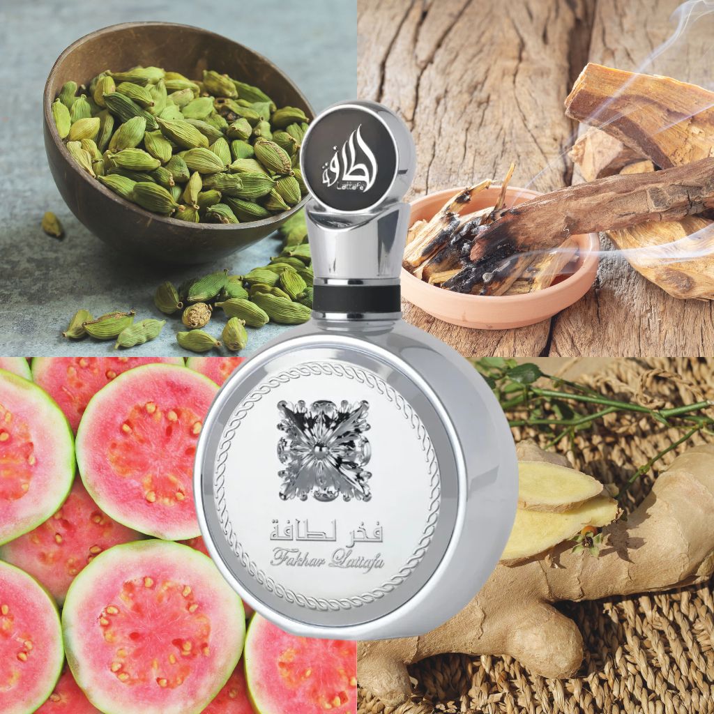 Herrparfym Lattafa Fakhar Platin med inslag av kardemumma, rökelse, guava och ingefära
