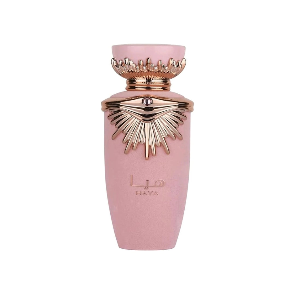 Lattafa Haya damparfym i rosa flaska med elegant gulddetalj inspirerad av Viva la Juicy doft