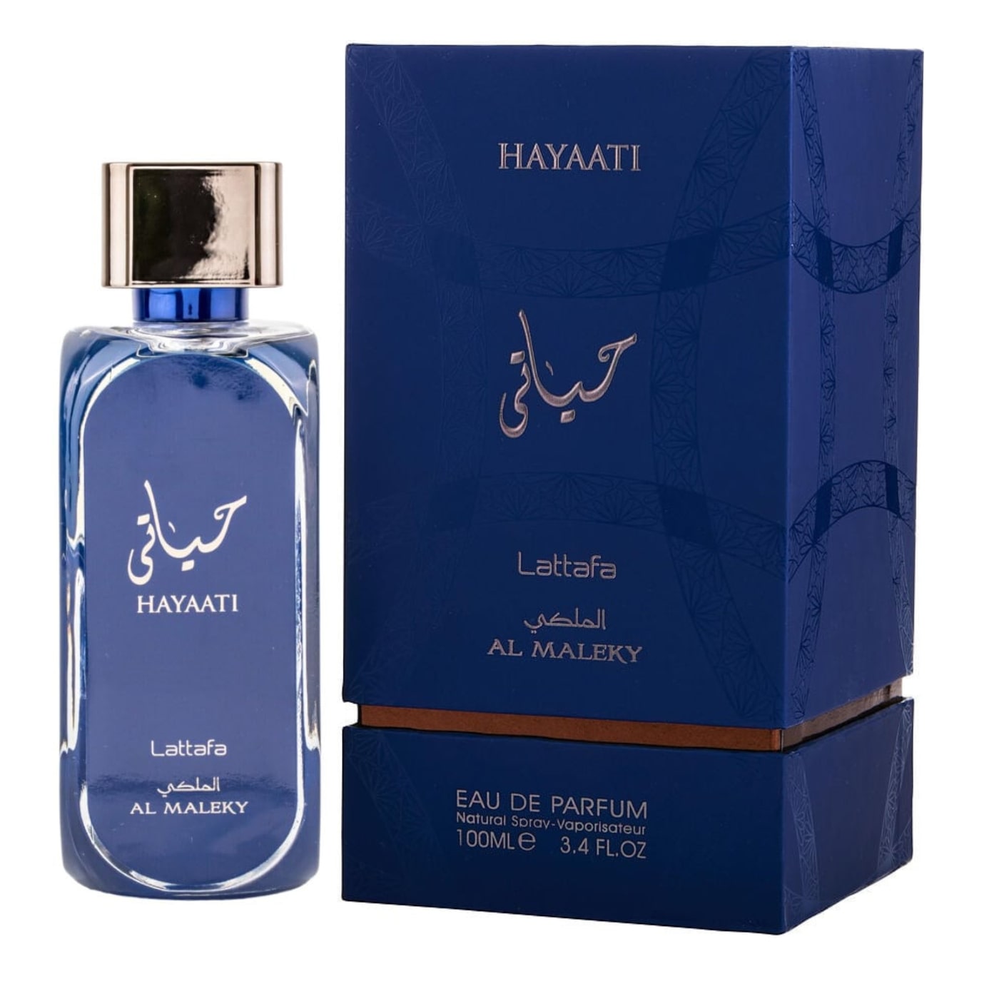 Hayaati Al Maleky 100ml edp i en elegant blå flaska med matchande förpackning för herrparfym