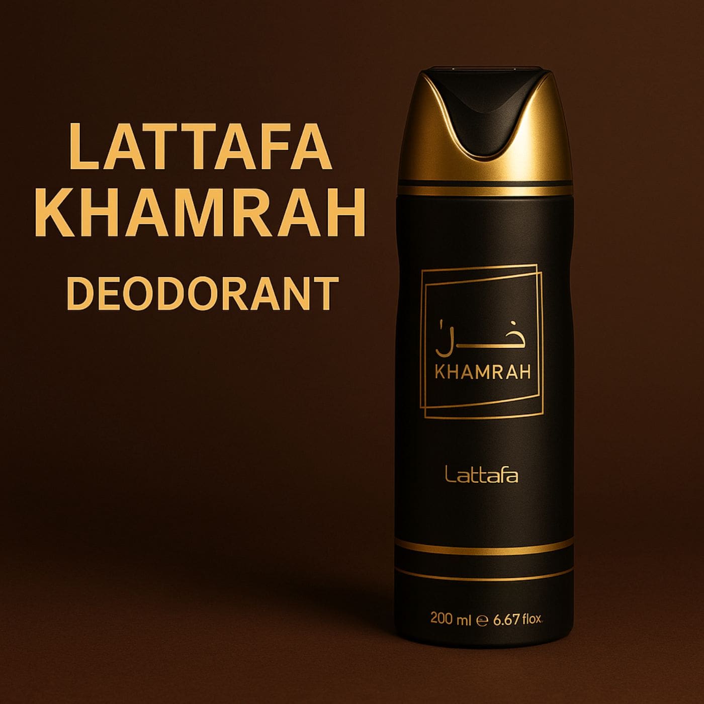 Lattafa Khamrah Deodorant i svart och guld, 200 ml, med långvarig doft för alla användare