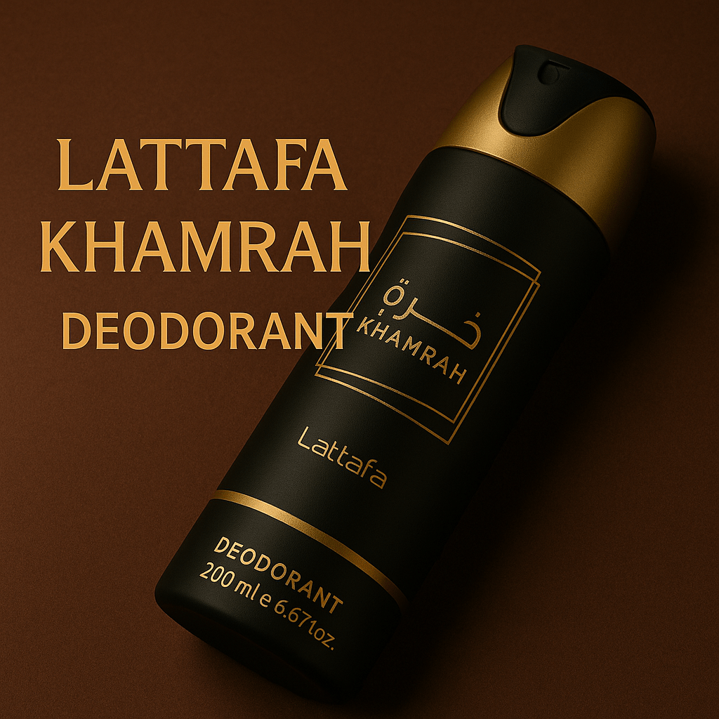Lattafa Khamrah Deodorant i svart förpackning med guldiga detaljer, 200 ml