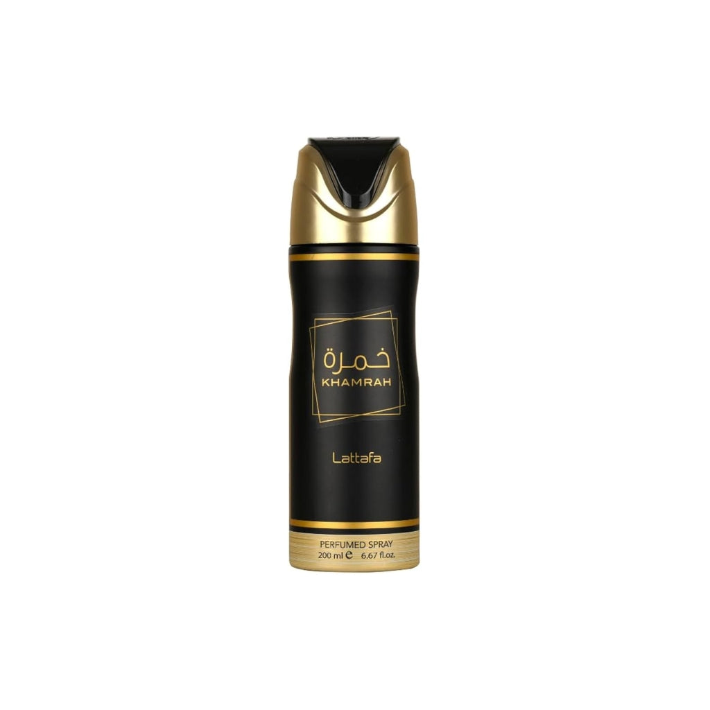 Lattafa Khamrah Deodorant i en elegant svart och guldflaska på 200 ml för herrar och damer