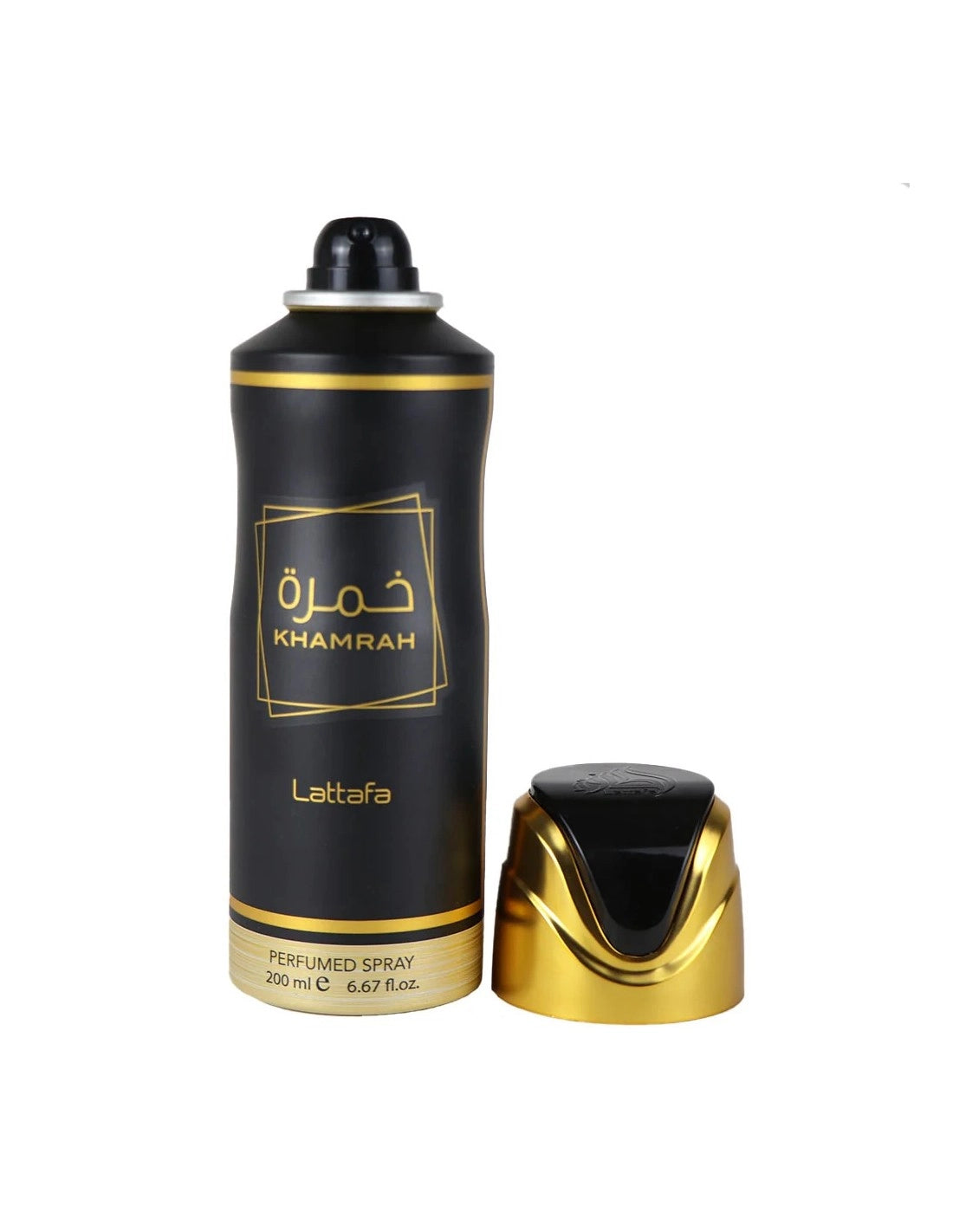 Lattafa Khamrah Deodorant i svart och guld design, parfym spray på 200 ml för unisex användning