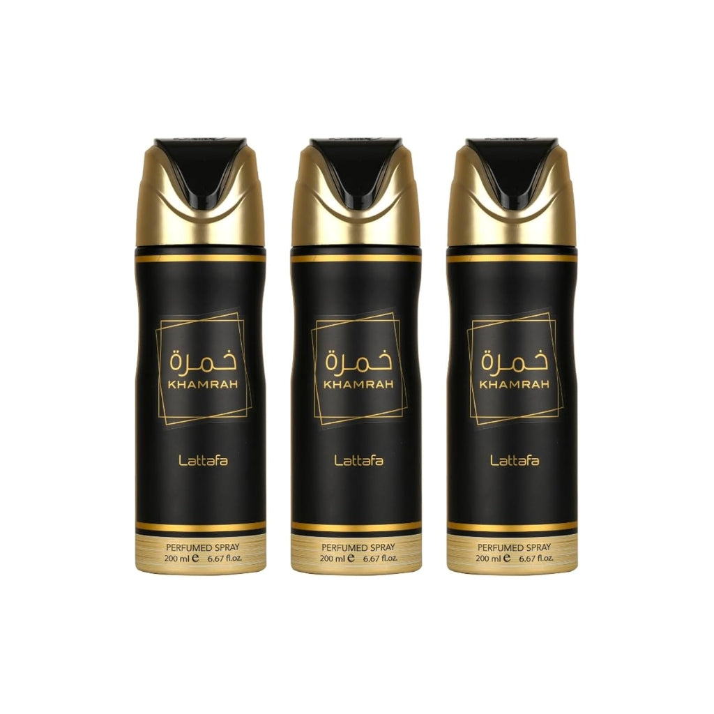 Lattafa Khamrah Deodorant trio med 200 ml parfym spray i stilren förpackning