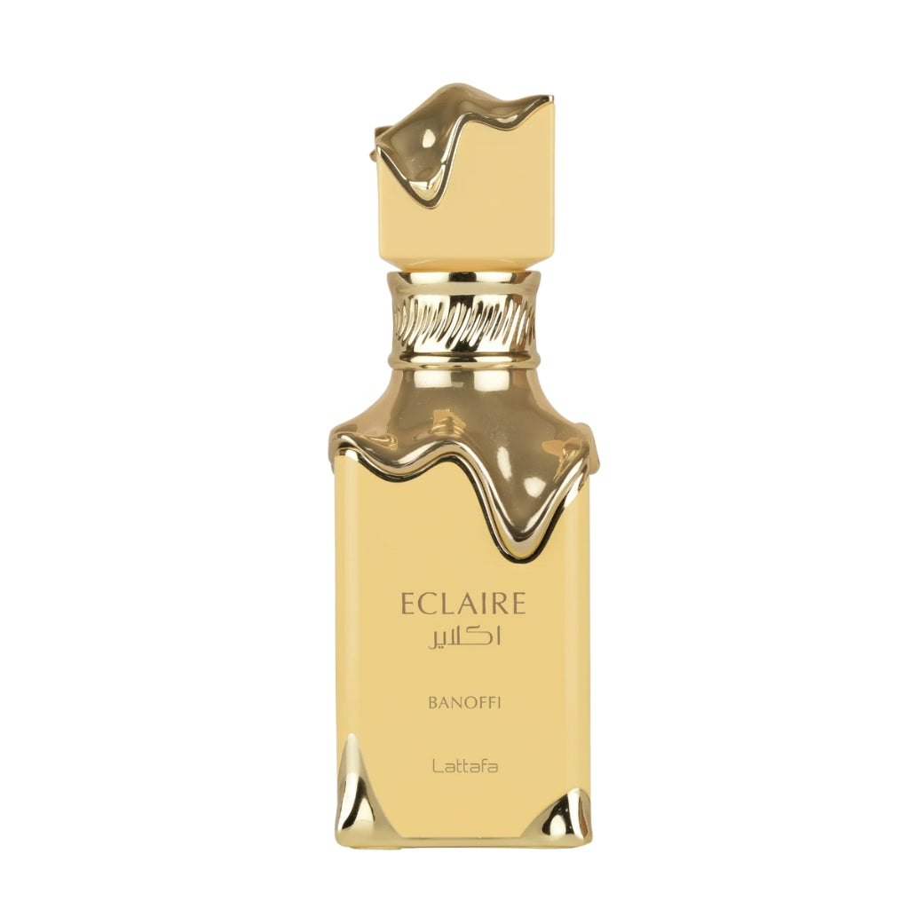 Guldig lyxig damparfymflaska Lattafa Eclaire Banoffee med dekorativ topp och elegant design för gåva
