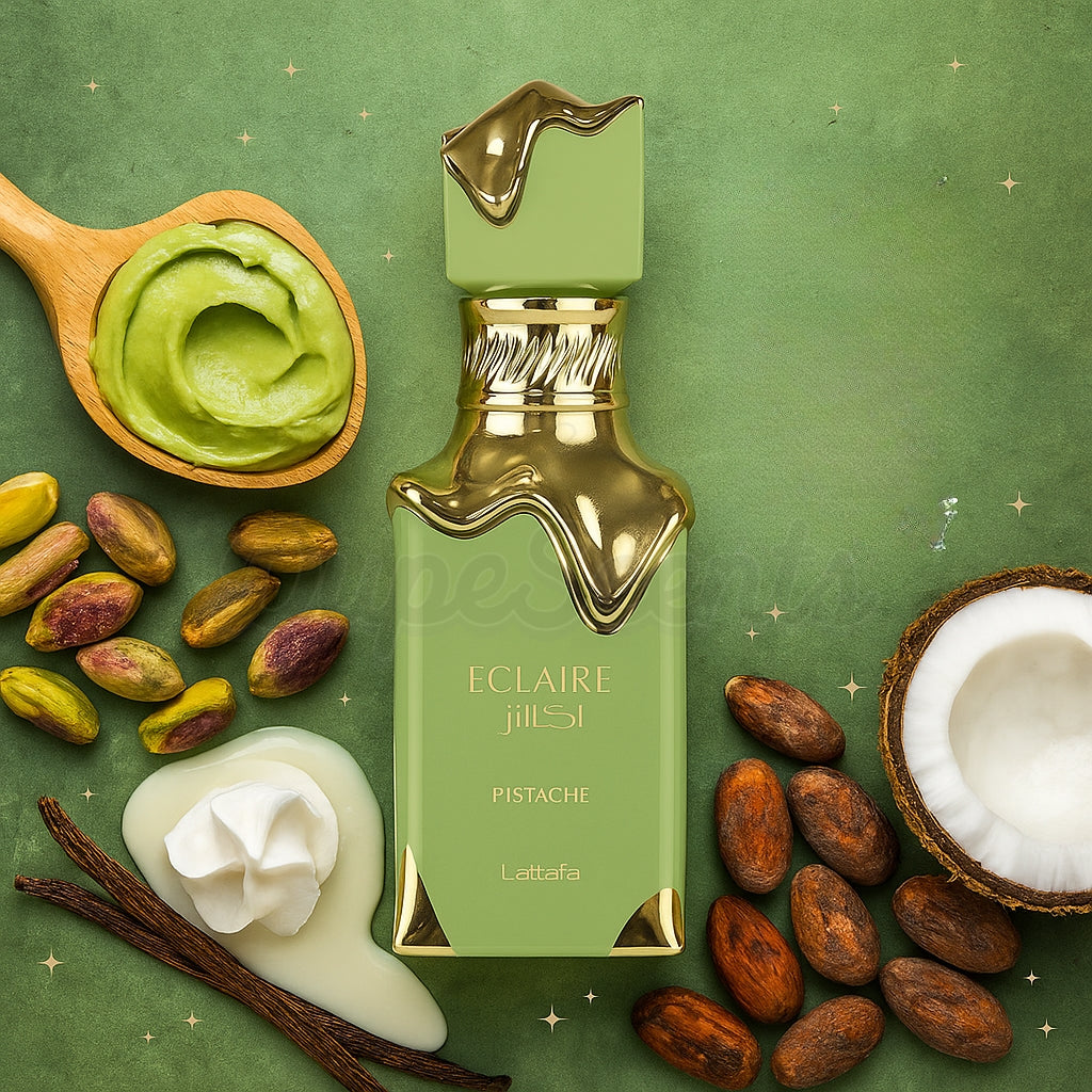 Lattafa Eclaire Pistachio damparfymflaska i grönt med pistagenötter, kokos, vanilj och krämig lotion