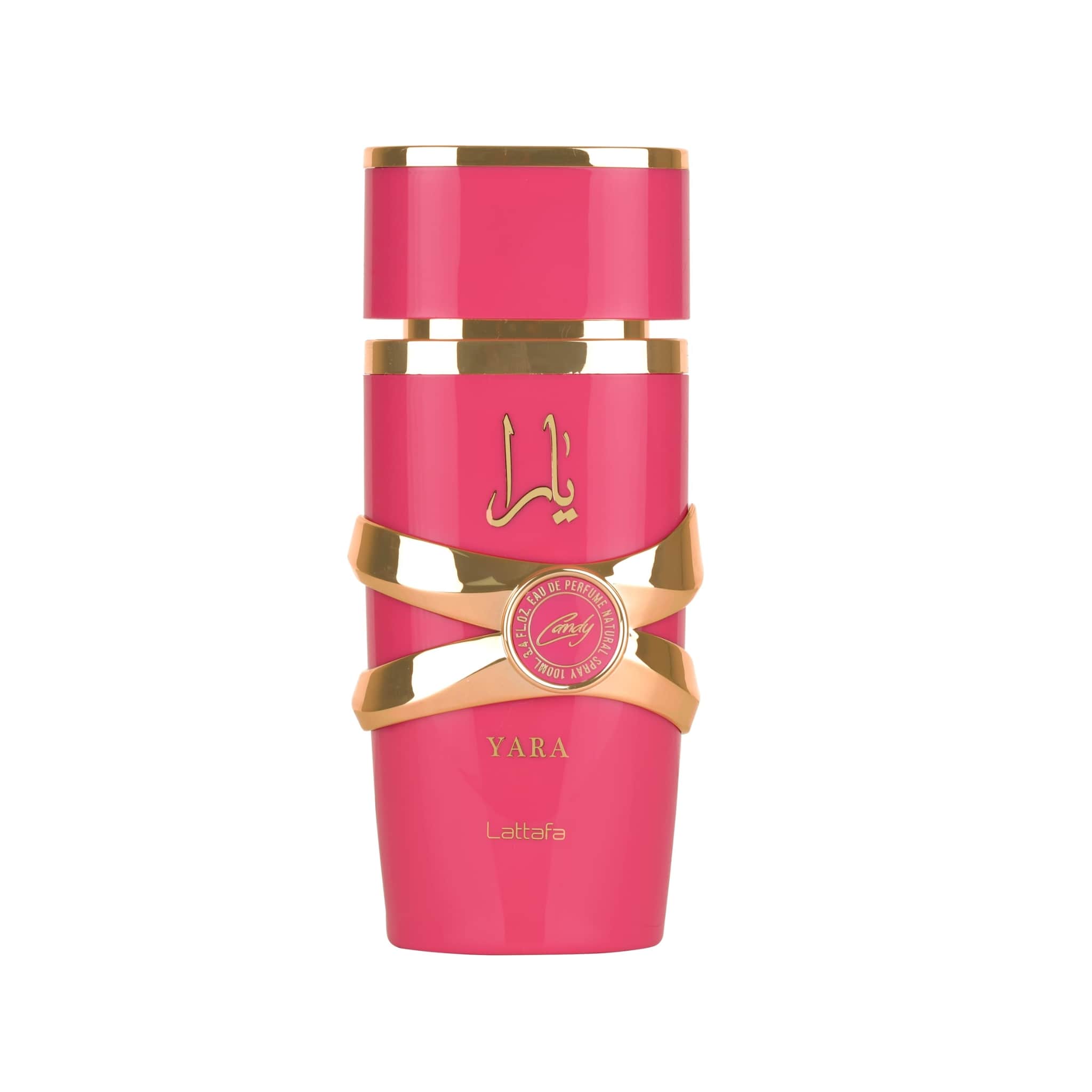 Lattafa Yara Candy damparfym i rosa flaska med elegant design och gyllene detaljer