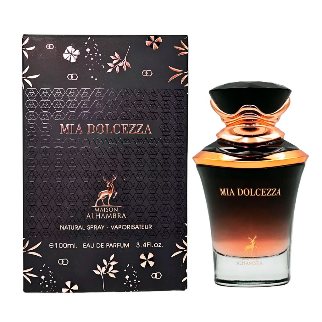 Maison Alhambra Mia Dolcezza damparfym med elegant svart och kopparfärgad flaska och förpackning