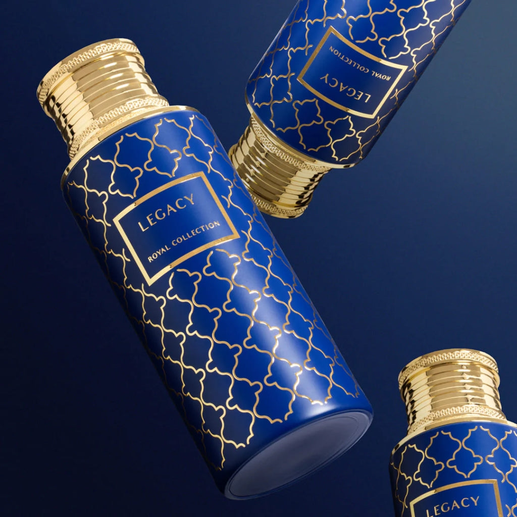 Maison Asrar Legacy herrparfym med elegant blå design och guldiga detaljer i Royal Collection