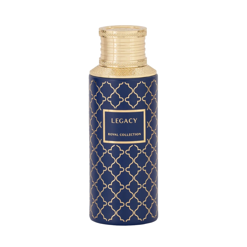 Maison Asrar Legacy herrparfym i elegant blå förpackning med guldakcent för en lyxig doftupplevelse