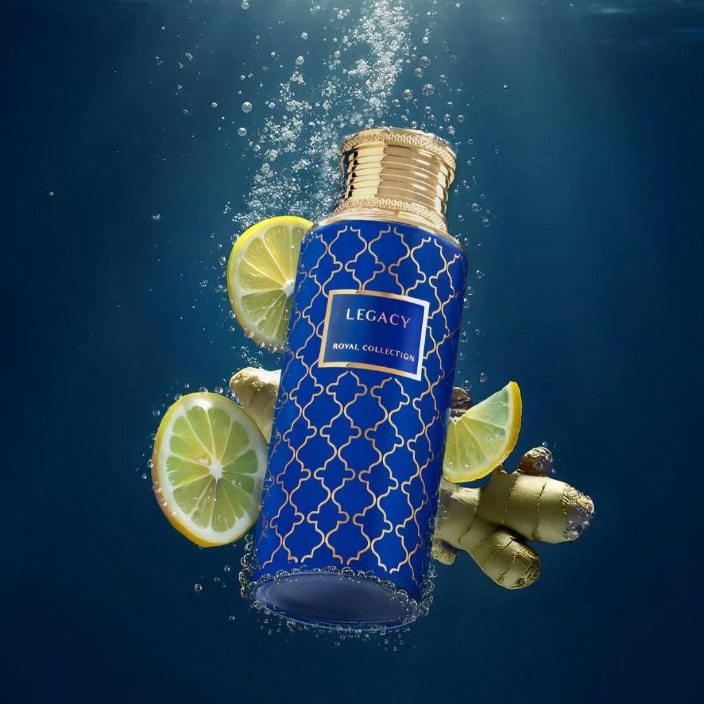 Maison Asrar Legacy herrparfym med fräscha citrustoner och elegant blå flaska