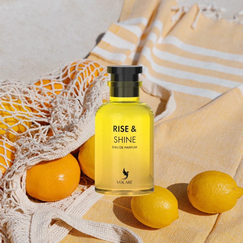 Volare Rise & Shine damparfym i en elegant flaska med citrusdoft och sommarnoteringar, parfymtester