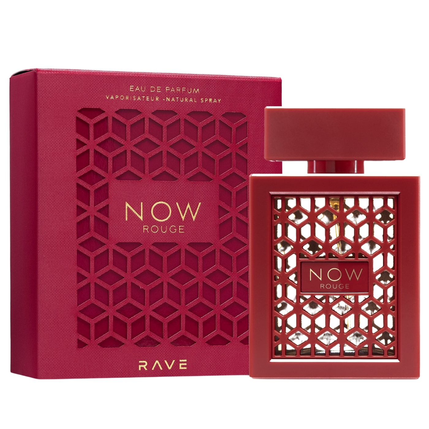 Lattafa Creation Rave Now Rouge damparfym med elegant förpackning och gåttdoft i röd flaska