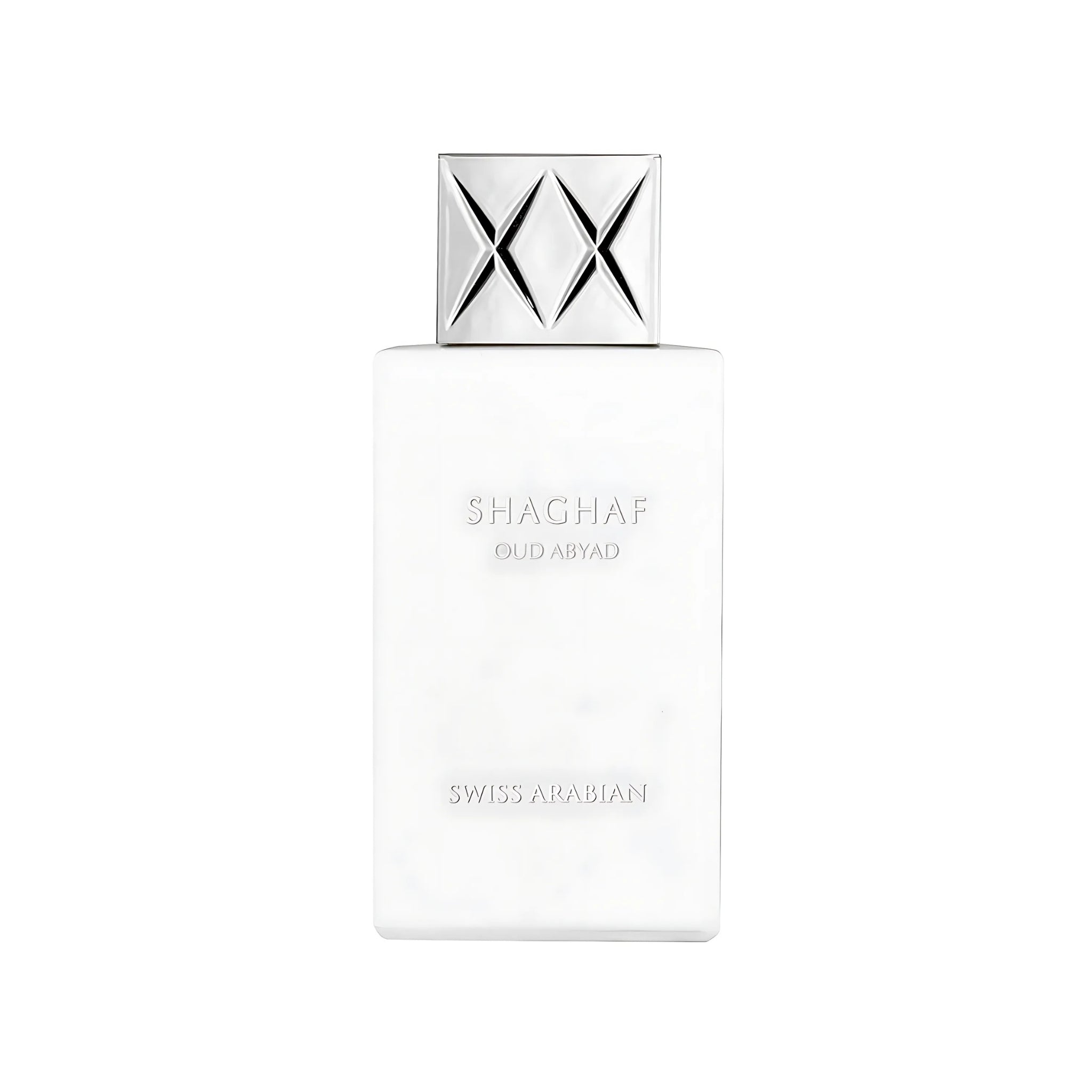 Shaghaf Oud Abyad herrparfym från Swiss Arabian med elegant vit flaska och distinkt doft