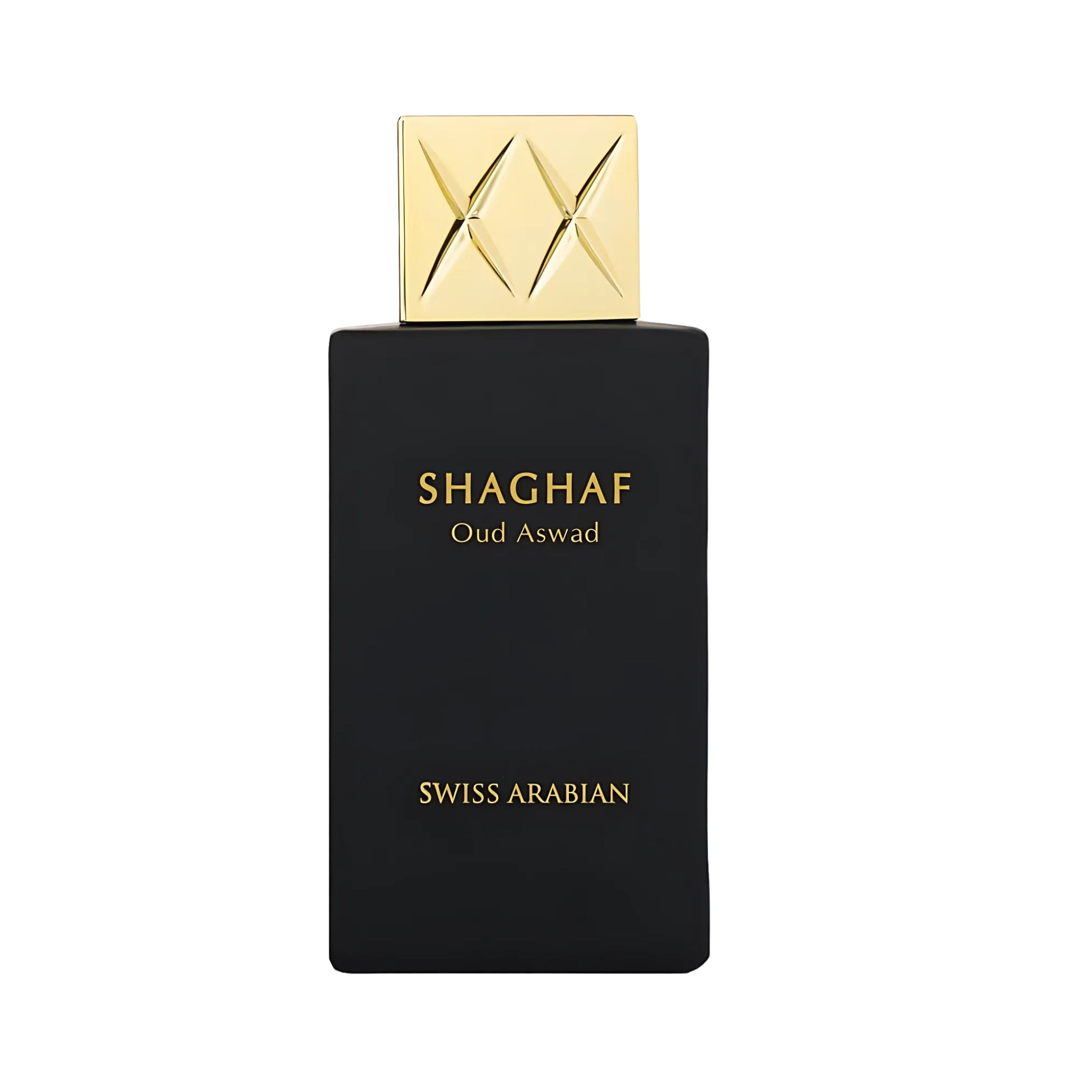 Parfymtesters av Shaghaf Oud Aswad från Swiss Arabian med elegant svart flaska och gyllene lock