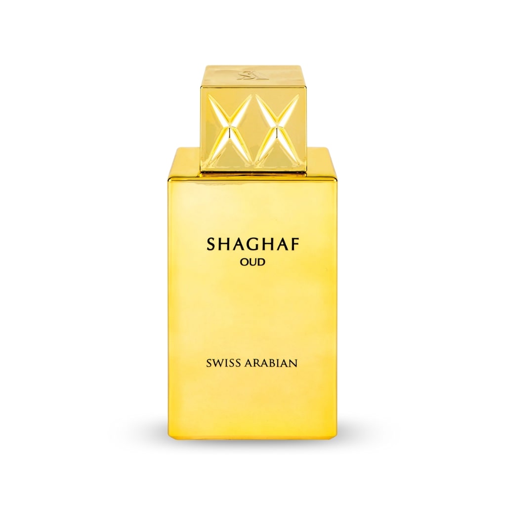 Shaghaf Oud parfym från Swiss Arabian i en elegant guldflaska för unisex-användning