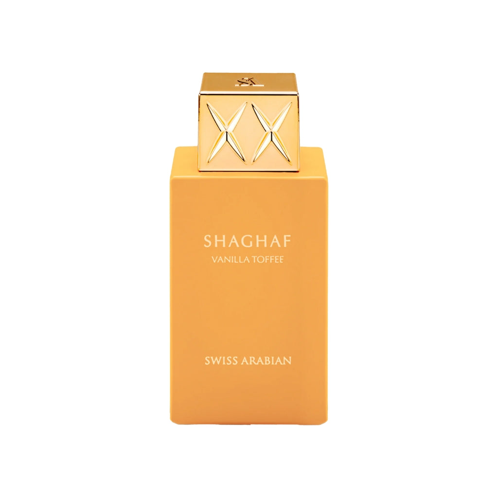 Swiss Arabian Shaghaf Vanilla Toffee damparfym i en elegant gul flaska med unik design