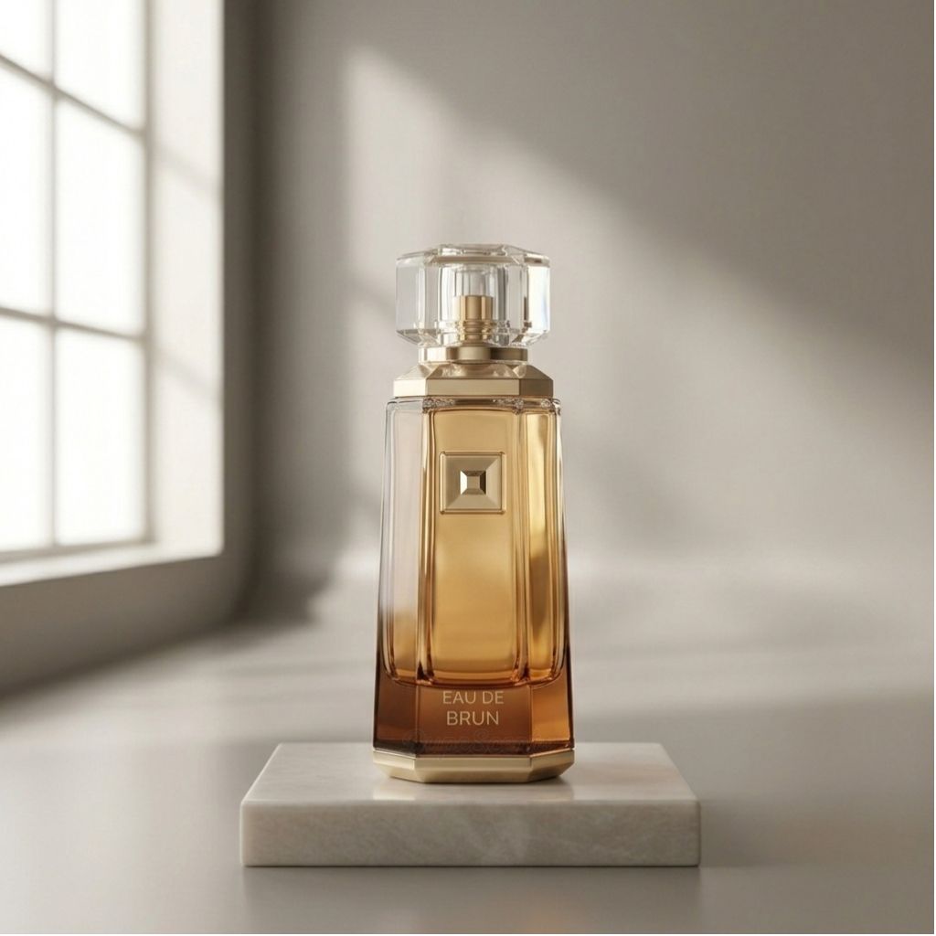 Parfymflaska Eau de Brun i klart glas med bärnstensfärgad vätska och gulddetaljer