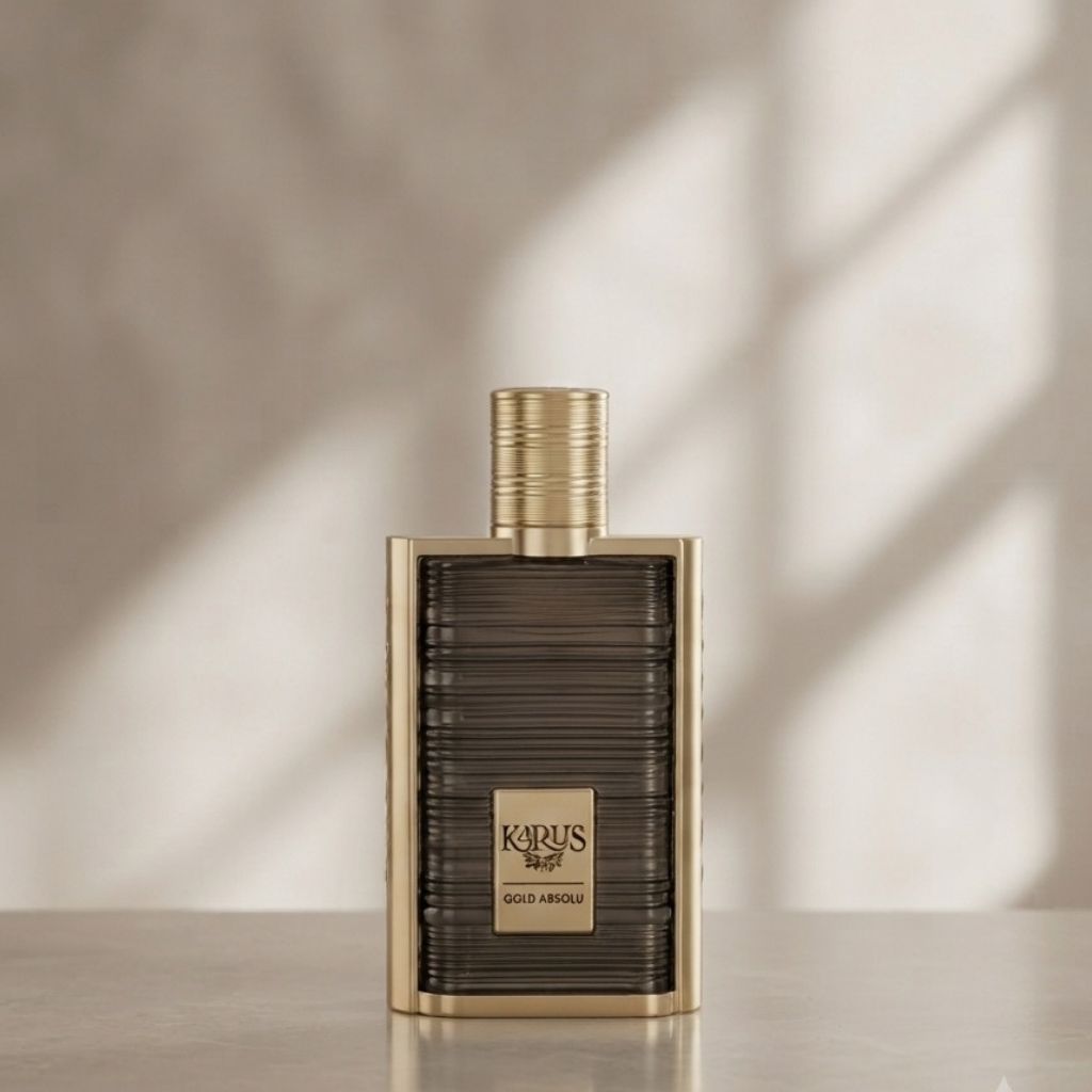 Karus Gold Absolute eau de parfum-flaska i mörkbrunt glas med guldfärgad kork