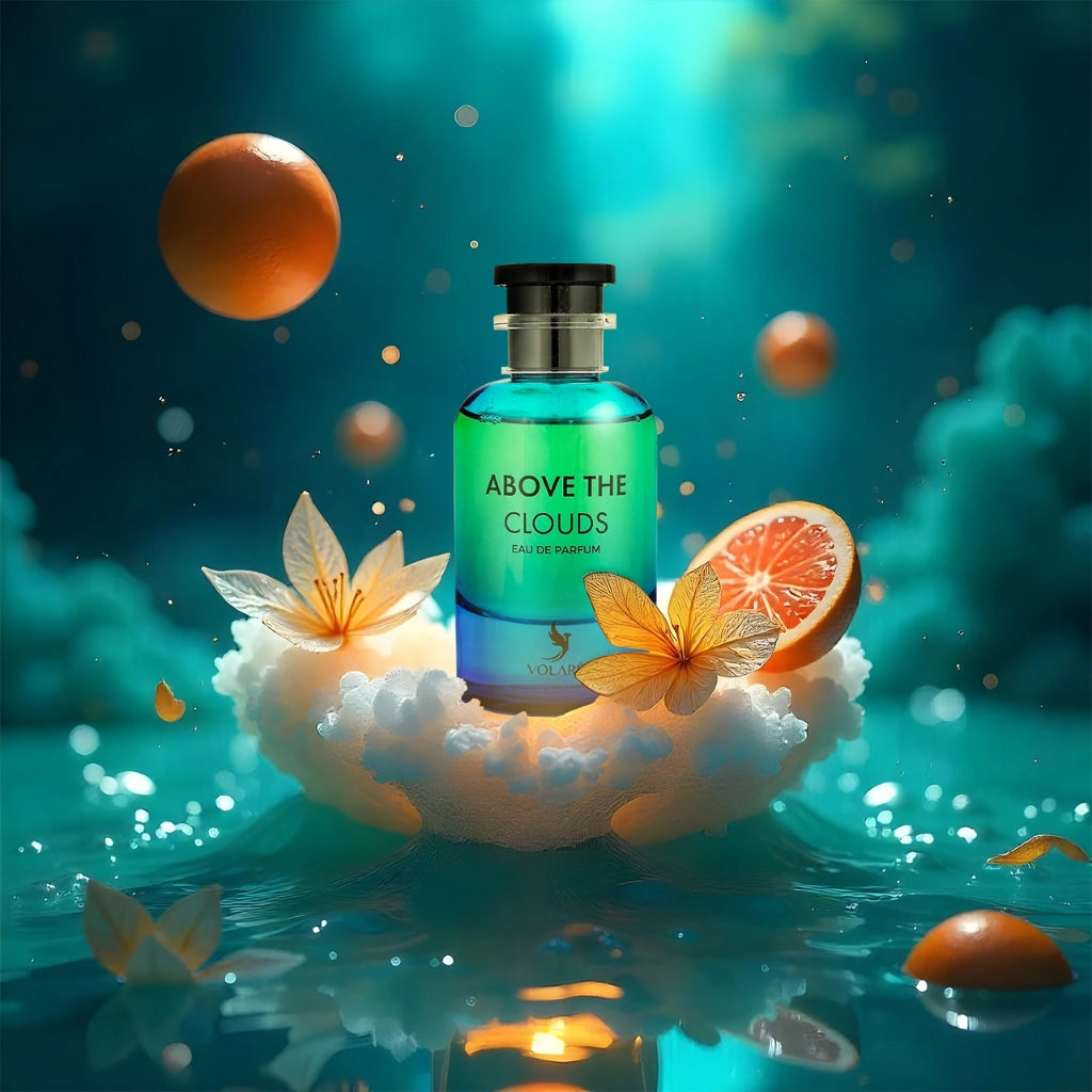 Volare Above The Clouds herrparfym flaska med citrus och blommor i flytande molnmiljö