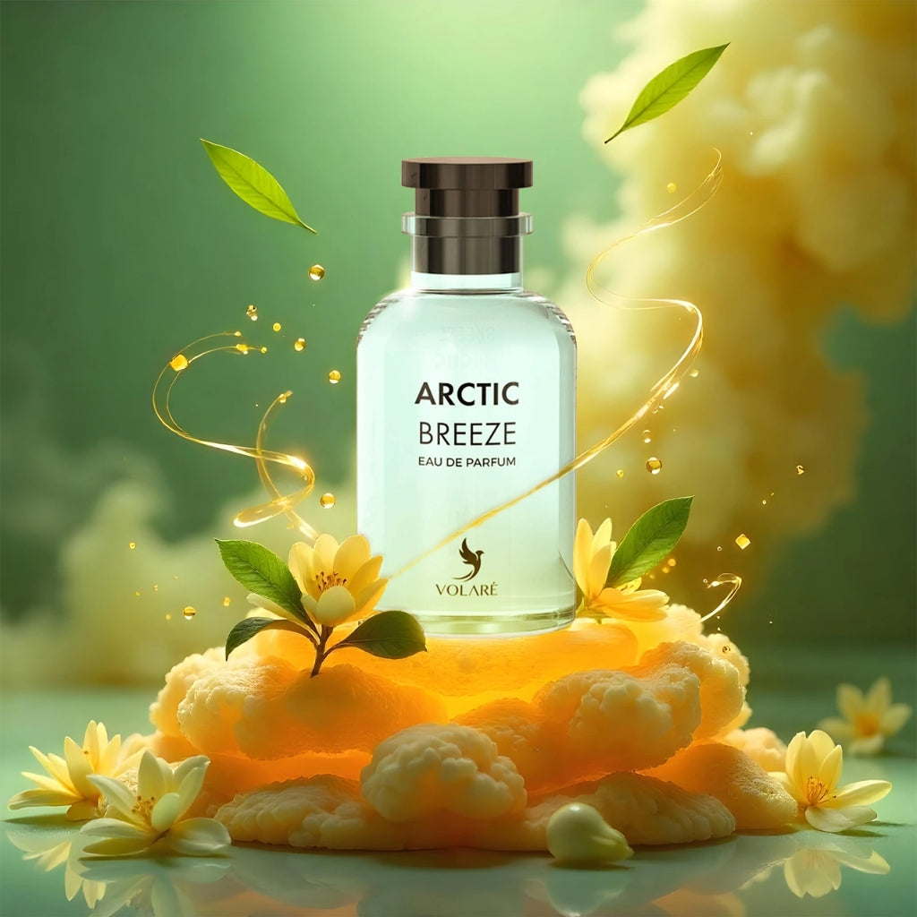 Volare Arctic Breeze herrparfym flaska med ljusblå doft och gula blommor från Tolkning av LV Imaginaton