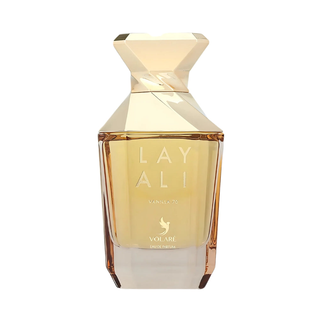 Volare Layali Vanilla 70 damparfymflaska med gyllene lock och beige transparent design