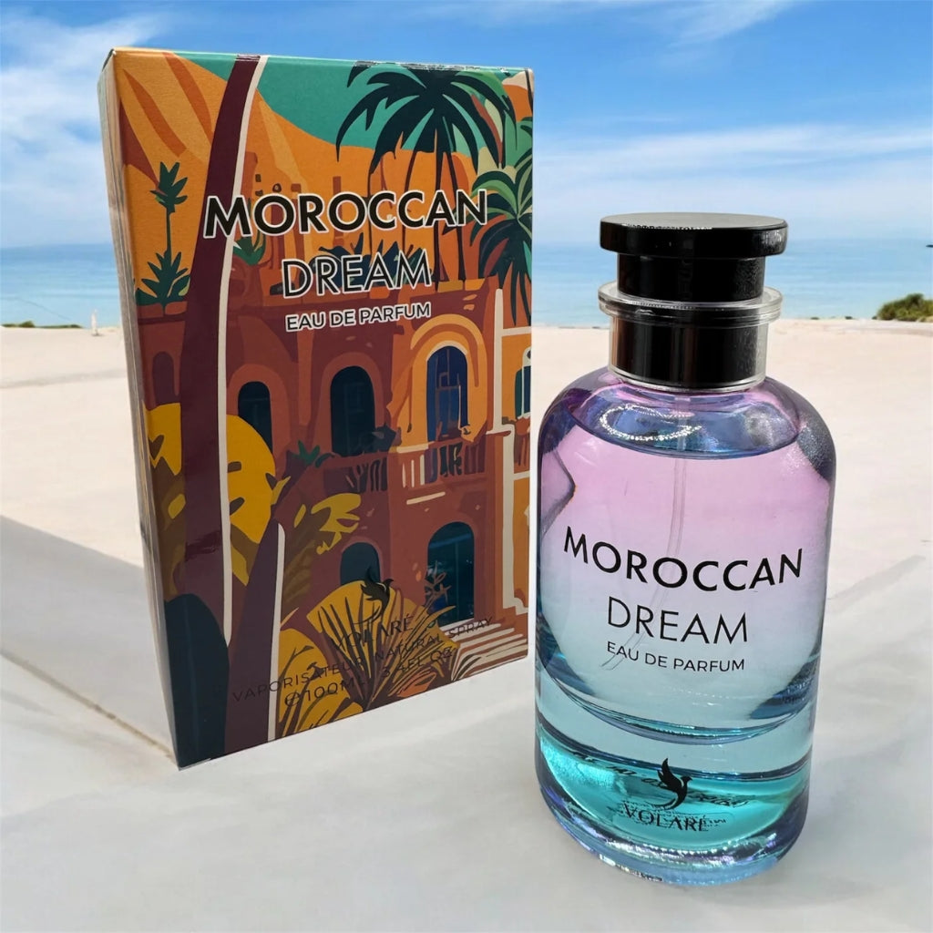 Volare Moroccan Dream herrparfym med färgglad förpackning och elegant glasflaska med svart lock