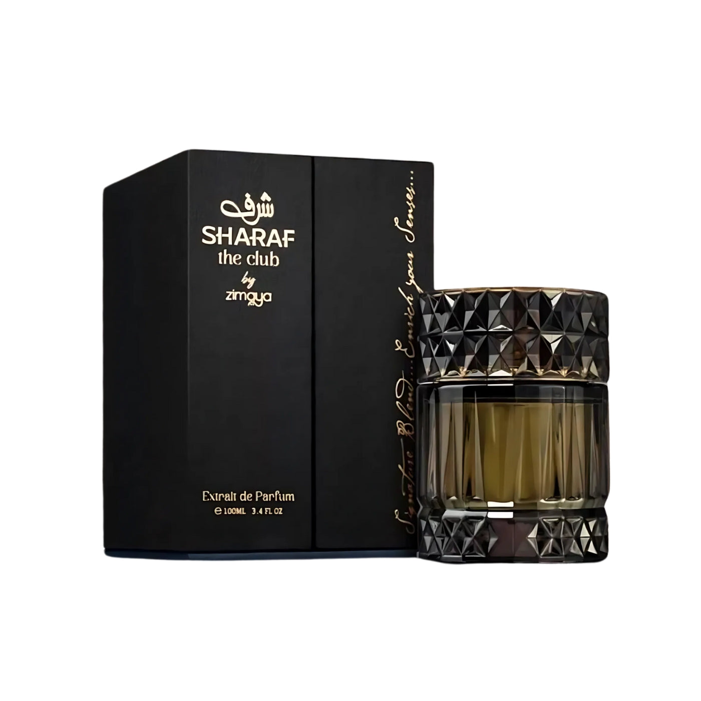 Sharaf The Club herrparfym i elegant flaska med mörk kartong och lyxig design